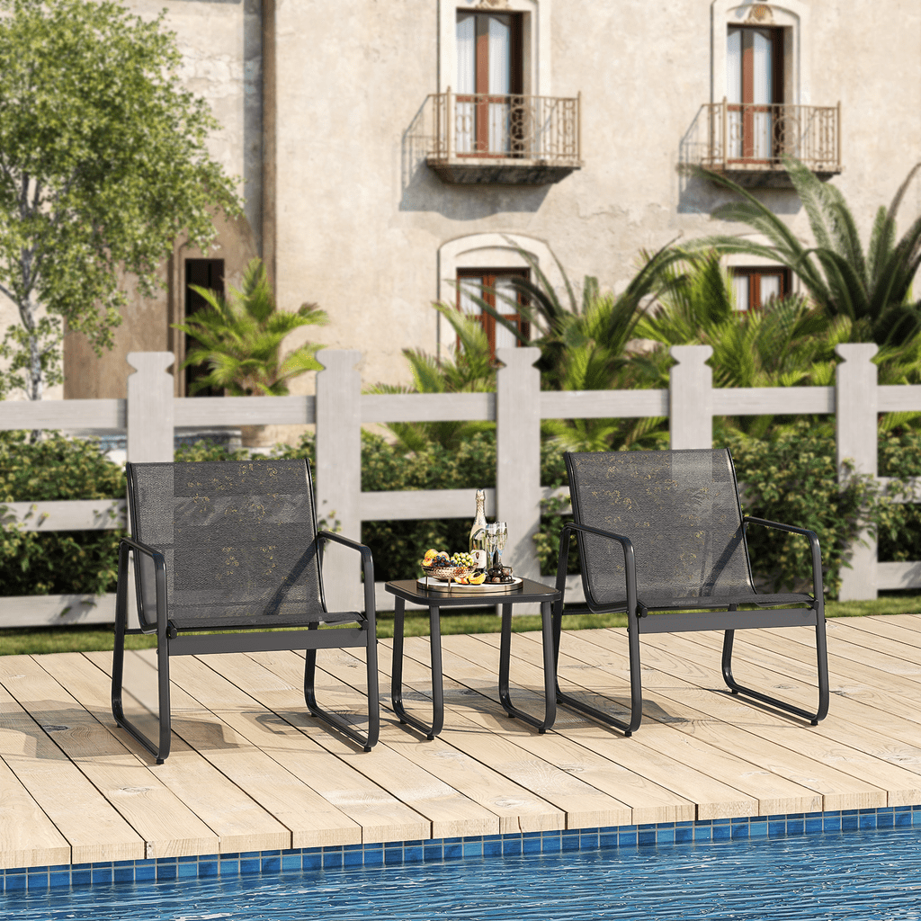 Aiho 3 Pieces Patio Furniture Set,Textilene Modern Conversation Black Set with Tea Table for Home,Lawn,Balcony and Bistro - Black