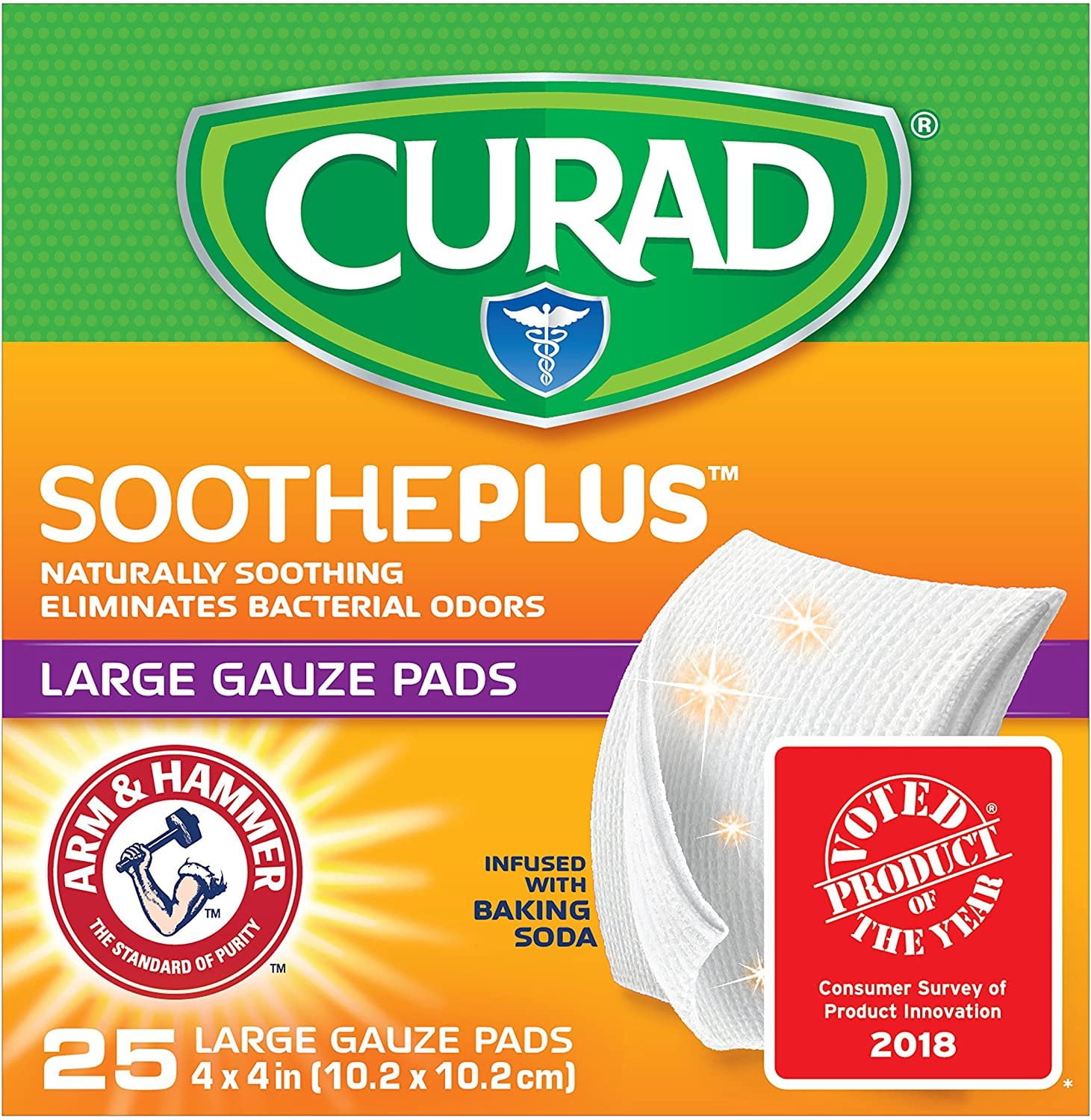 Curad SoothePlus Large Gauze Pads Eliminate Bacteria Odors, 25ct, 6-Pack