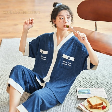 

QWZNDZGR Spring Summer Brand Short Sleeved Japnese Kimono PJ Womens Pajamas Sets Sexy Black Nightwear Capris Sleepwear Lounge Homewear