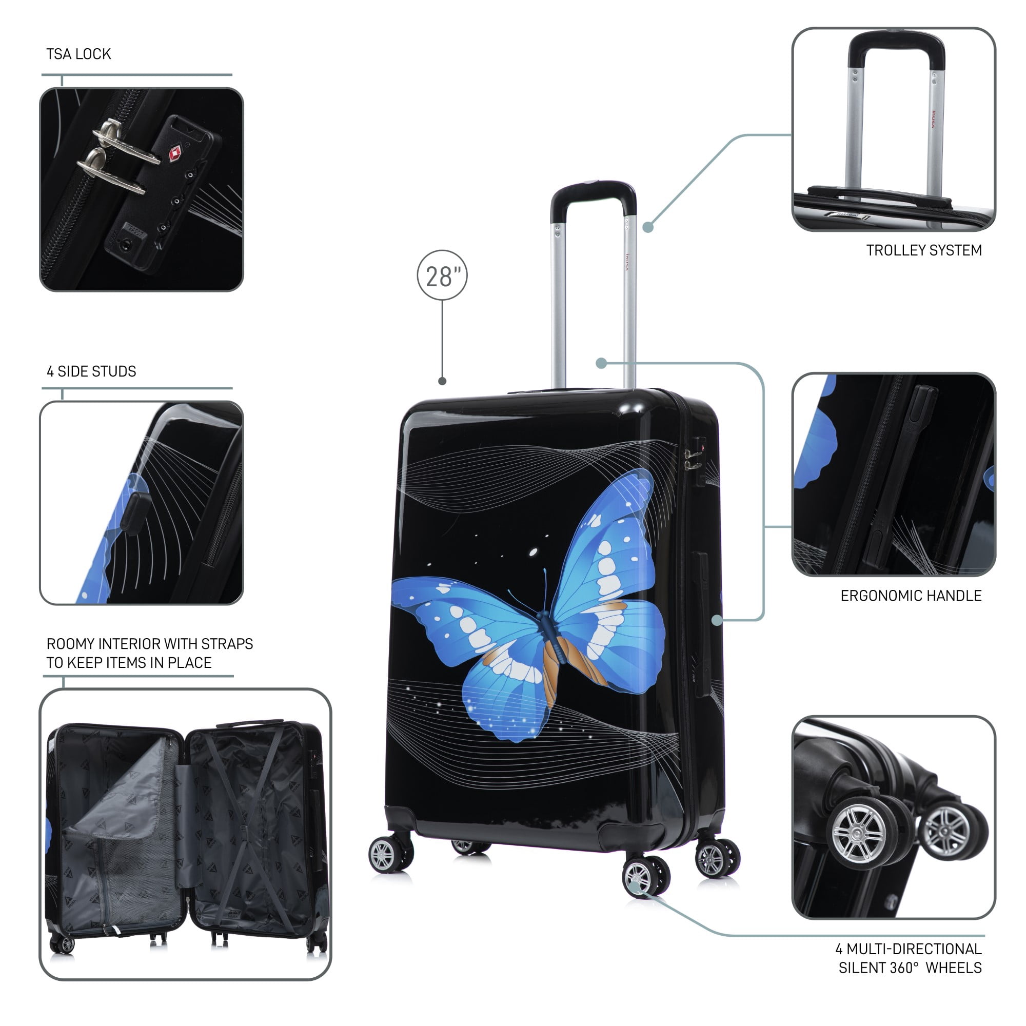 InUSA Print 28" Hardside Lightweight Luggage with Spinner Wheels, Handle, Trolley, Black Butterfly