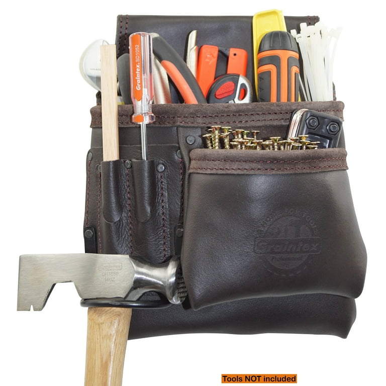 Graintex 5 Pocket Right Handed Oil Tanned Leather Nail & Tool Pouch Dark  Brown Color for Constructor/Electrician/Plumber