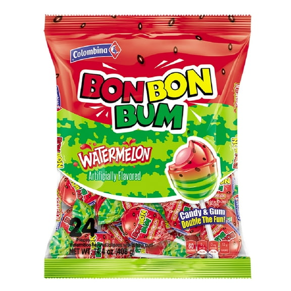 Bon Bon Bum Fruity Lollipop with Bubble Gum Center, 12 Count