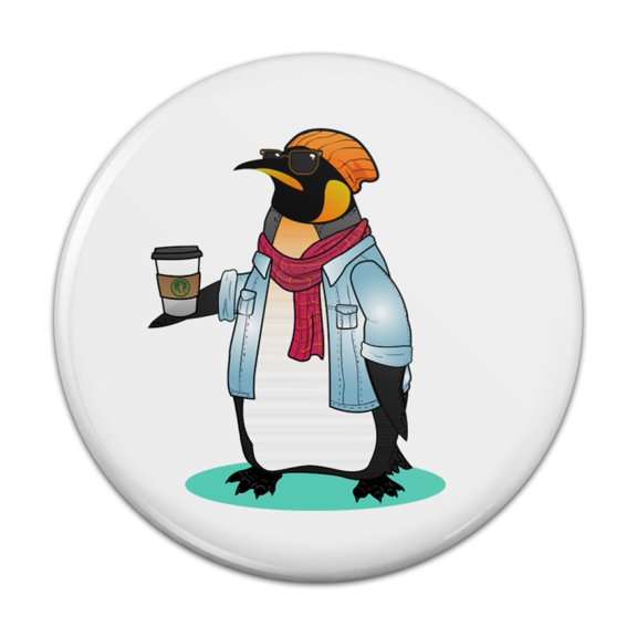 Cool Penguin Hipster with Coffee Pinback Button Pin