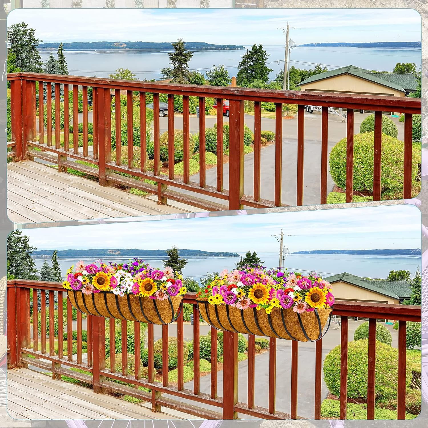 2 Pcs 24inch Window Box Deck Railing Planter with Coco Liner for Outdoor Balcony Porch Fence Patio Rail