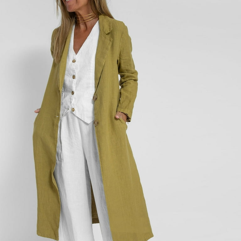 Lovskoo Women s Trench Coat Cotton Linen Single Breasted Long Sleeve V Neck Spring Fall Long Jacket Overcoat Olive Green
