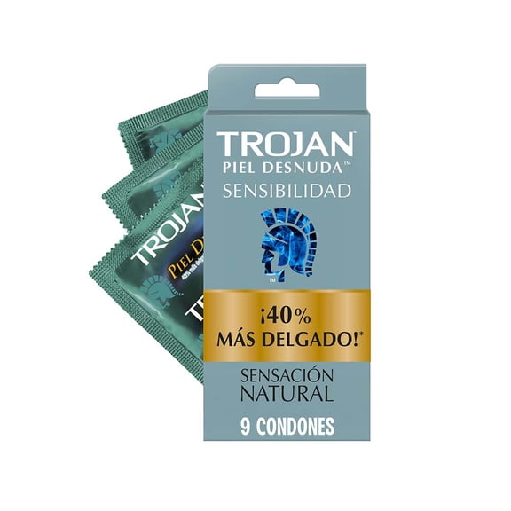 Trojan Condones Piel Desnuda Sensibilidad Caja con 9 piezas. 40% más Delgado, Sensación Natural con Lubricante Premium. Seguridad Comprobada