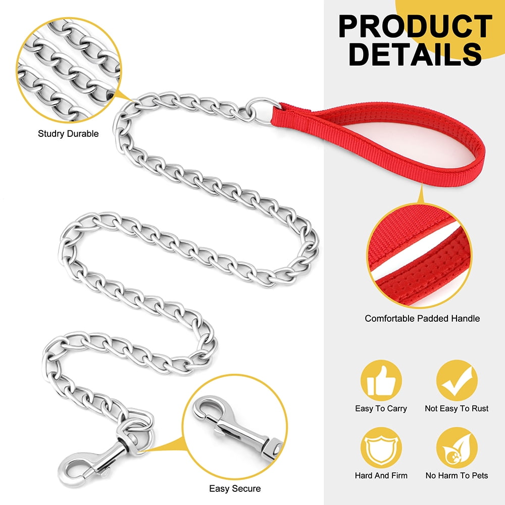 Pet Artist Bite Proof Heavy Duty Metal Chain Dog Leash with Comfortable Padded Handle Training Collar Leashes