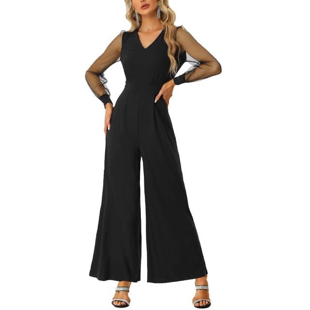 INSPIRAR CHIC Mono de Mujer Cuello en V Malla de Manga Larga Pantalones Anchos Ropa de Fiesta XS Negro