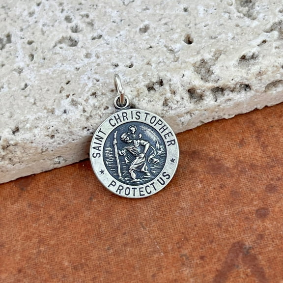 Sterling Silver St Christopher Antiqued Round Medal Pendant 15mm