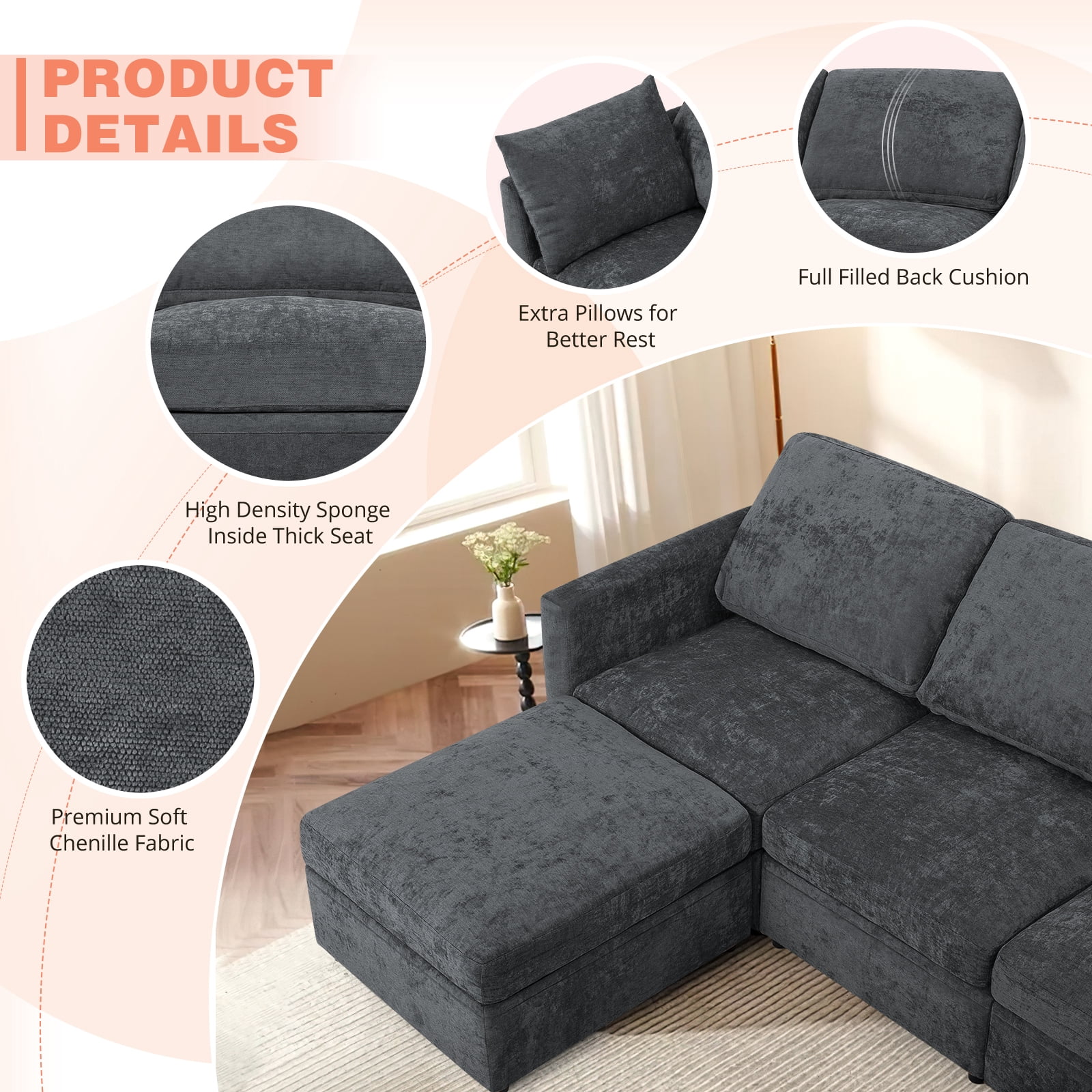 ACMEASE 110” Chenille 4 Seats Sofa W/2 Movable Ottoman, Modern Fabric U-Shaped Couch with Soft Backrest, Upholstered Sectional Sofa with Armrest Pillows for Living Room, Office, Gray