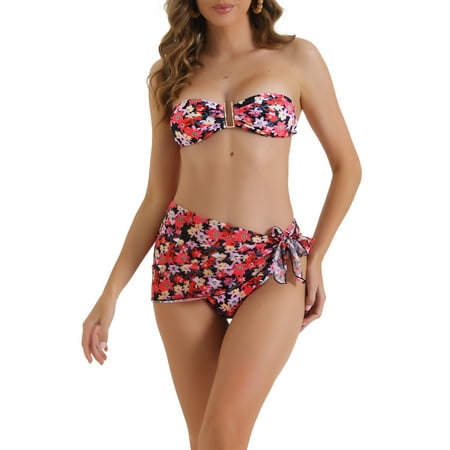 Elerevyo Women s Floral Print Bandeau Bikini Sets  3 Piece Tie Back Swimwear Triangle Bottoms Bathing Suits X-Large Red