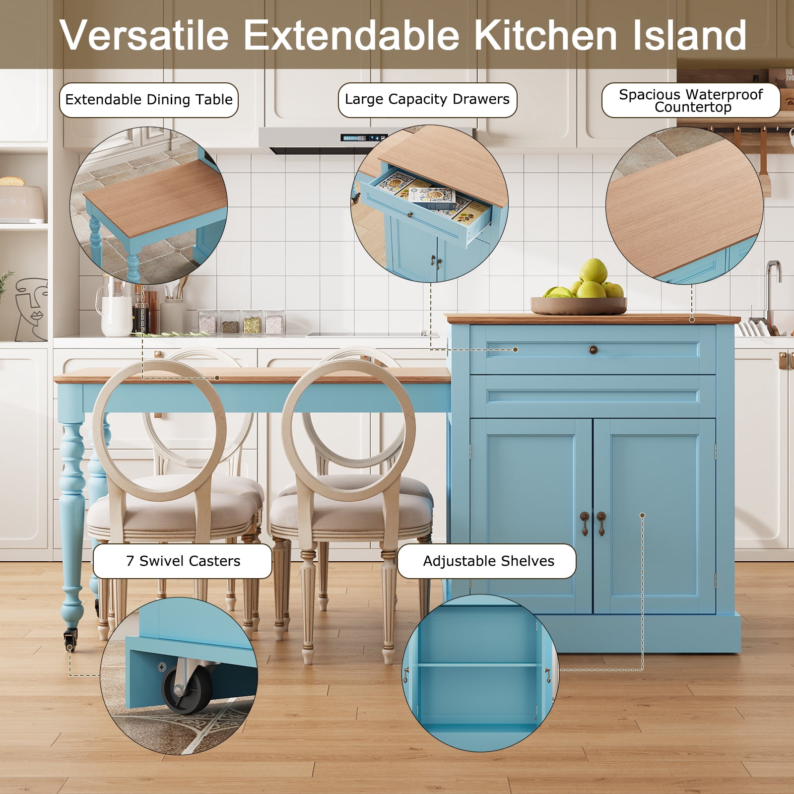 CBJCBJ Modern Extendable Kitchen Islands on Wheels with Power Outlet, Dining Table Cart with 2 Doors Storage, Blue