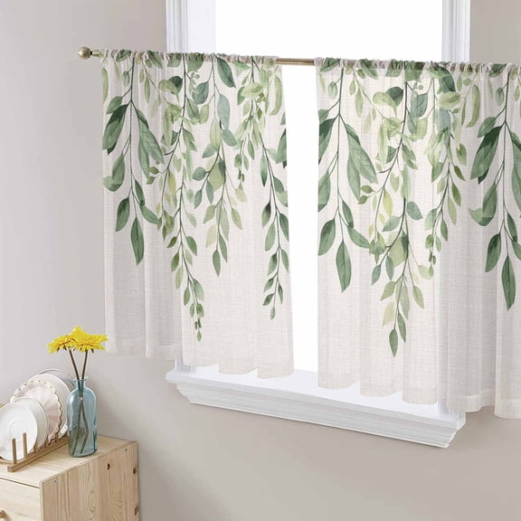 Eucalyptus Leaves Sheer Curtains 54 Inch Length 2 Panels Set for Living Room/Bedroom, Sage Green Spring Botanical Rustic Curtain Sheers Drapes Rod Pocket Curtains Window Treatment Set 52''x54''x2