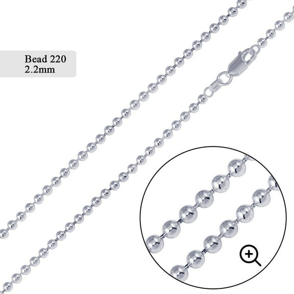 Sterling Silver 925 High Polished Ball Bead 220 Chain 2.2mm Made in Italy 16" Jewelry Female Unisex