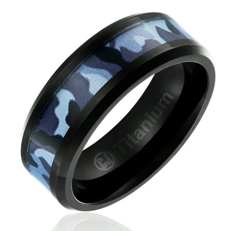 Cavalier Jewelers Mens Camo Wedding Band In Anium 8mm Ring Cavalier Jewelers Mens Camo Wedding Band In Anium 8mm Ring Black Plated With Blue Military Camouflage Inlay