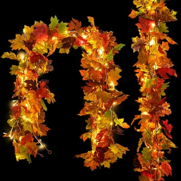 2 Pack Fall Garland with Lights, Fall Maple Leaves Garland with 19.7Ft 60 LED String Lights for Harvest Fall Decor, Halloween Thanksgiving Fall Decorations for Home Indoor Outdoor