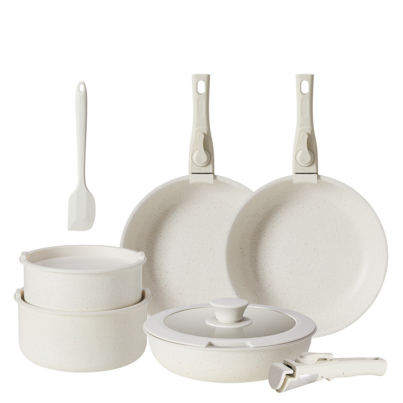 Gianna 12 Pcs Non-Stick Cookware Set, Pots and Pans Set, with Spatula & Detachable Handle for Kitchen, Beige