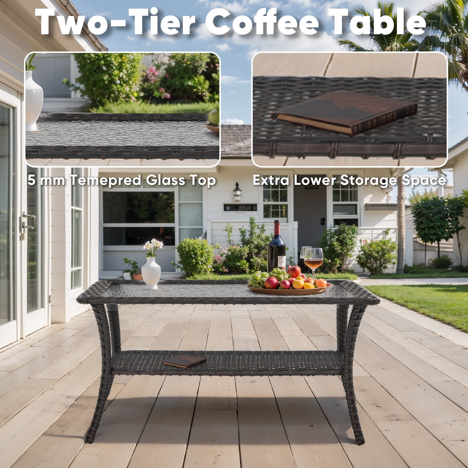 Gymojoy 40 Inches Patio Wicker Rattan Coffee Table, Outdoor Furniture Rectangle Tempered Glass Top Side Table with Storage, Brown