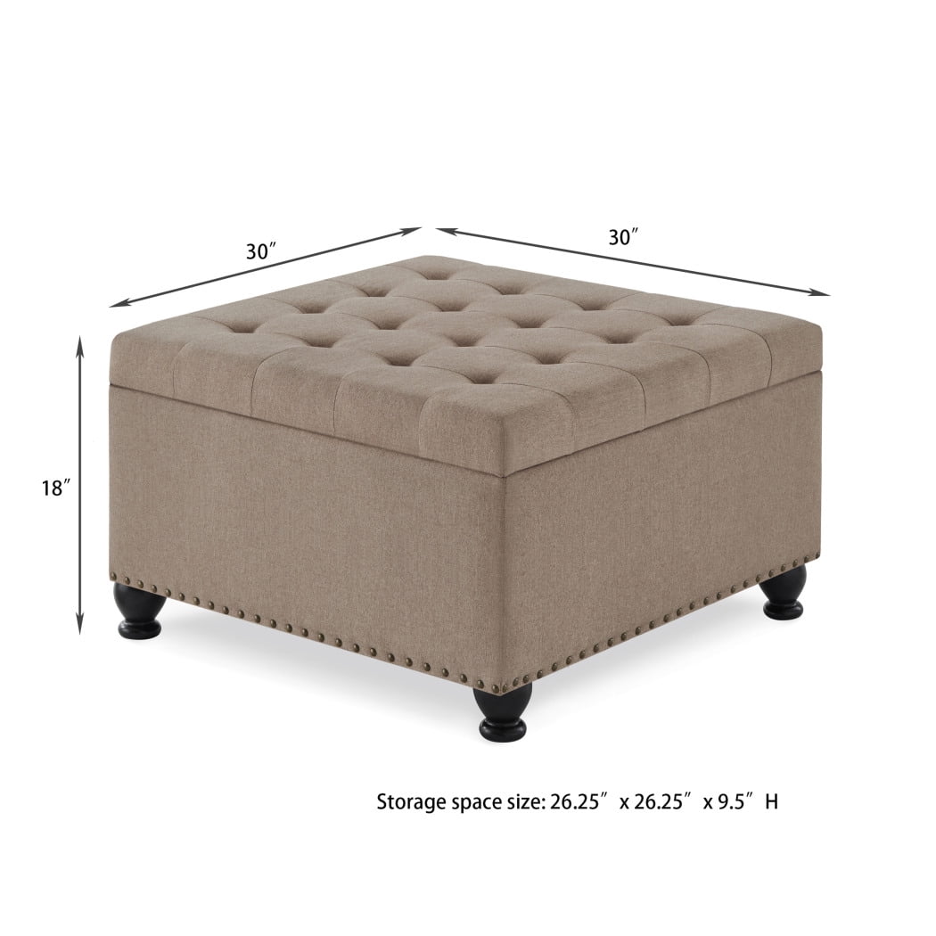 Ottoman with Storage, Large Square Coffee Table with Wooden Legs, Upholstered Button Tufted Storage Ottoman, Coffee Tables with Nail Trims for Living Room Bed Room Apartment, Linen