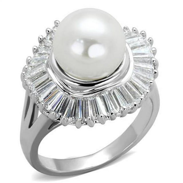 Alamode 3W1073-10 Women Rhodium Brass Ring with Synthetic in White - Size 10