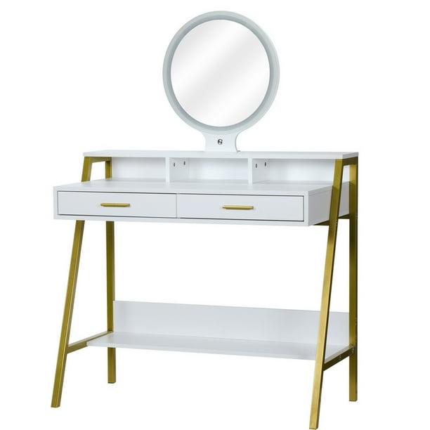Dressing Table Wooden Vanity With Led Round Mirror 2 Drawers Steel Frame Dresser For Bedroom White Com Dressing Table Wooden Vanity With Led, Dressing Table With Round Mirror Attached