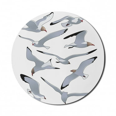 Seagulls Mouse Pad for Computers, Seagulls in Flight Facing Different Positions Simplistic Cartoon Drawings Print, Round Non-Slip Thick Rubber Modern Mousepad, 8" Round, Black White, by Ambesonne