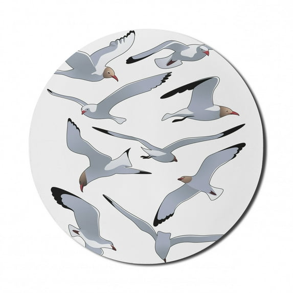 Seagulls Mouse Pad for Computers, Seagulls in Flight Facing Different Positions Simplistic Cartoon Drawings Print, Round Non-Slip Thick Rubber Modern Mousepad, 8" Round, Black White, by Ambesonne