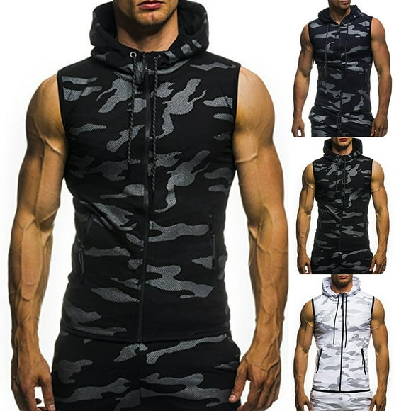 Koszal Summer Men Gym Fitness Camouflage Mesh Hoodies Zip Up Sleeveless Hooded Tank Top