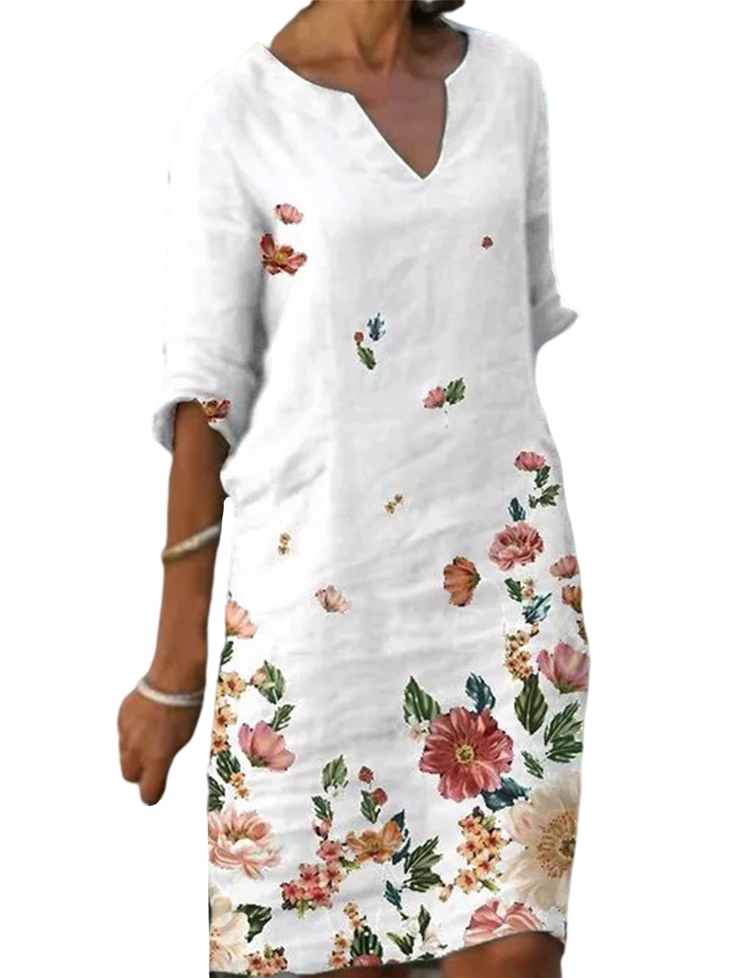 MAWCLOS Women Cotton Linen Tunic Shirts Dress 3/4 Sleeve Long Mini ...