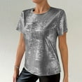 thumbnail image 3 of Womens Short Sleeve Dressy Tops Summer Trendy Casual Shiny Velvet T Shirt Crew Neck Casual Tunic Tees (S, Dark Gray), 3 of 8