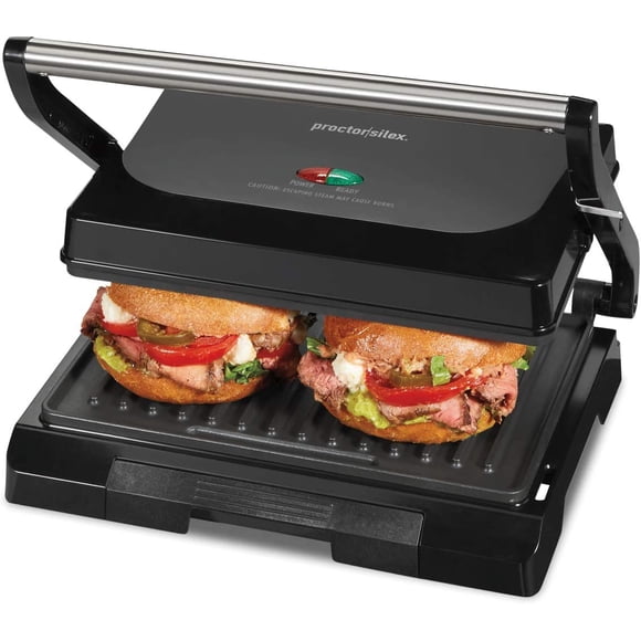 ZJQYDS Proctor Silex 4 Serving Panini Press, Sandwich Maker and Compact Indoor Grill, Upright Storage, Easy Clean Nonstick Grids, Black (25440PS)