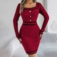 thumbnail image 2 of Ediodpoh Women Autumn Winter Knitted Block Striped Long Sleeve Midi Dress Sweater Dress with Square Neck Buttons Red M, 2 of 7