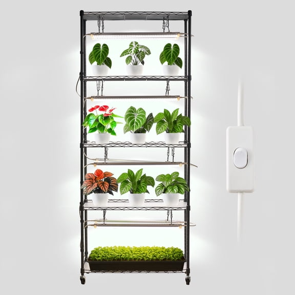 VEVOR Plant Shelf with Grow Lights, 71 in Tall Indoor Plant Stand with Wheels, 192W 5000K Full Spectrum Grow Lights, Heavy Duty Metal Plants Display Rack,