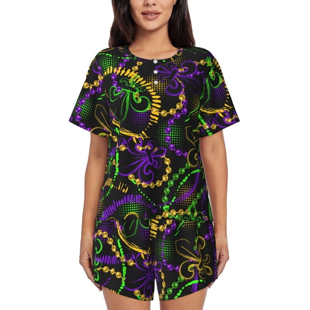 Fotbe Neon Mardi Gras Conjunto de Pijama Estampado para Mujer, 2 Piezas, Ropa de Dormir con Camiseta de Manga Corta y Shorts Suaves-3X-Large