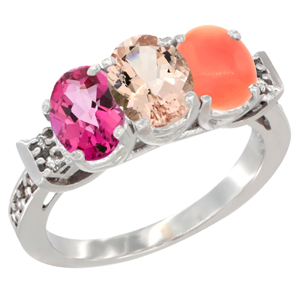10K White Gold Natural Pink Topaz, Morganite & Coral Ring 3-Stone Oval 7x5 mm Diamond Accent, sizes 5 10 by WorldJewels