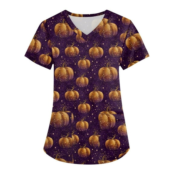 Homozy Halloween Ghost Womens Scrub Tops Short Sleeve Nurse Tops with Pockets Nurse Working Uniform Scrub Top Dark Purple 4XL