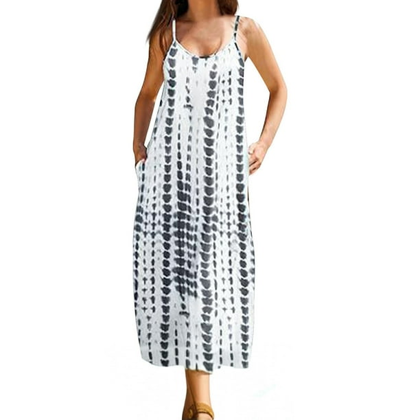 Vestido de Verano para las Mujeres Sexy Bohemia sin Mangas Vacaciones de Playa Suelto Vestido Largo Caliente, Cuello en V Casual