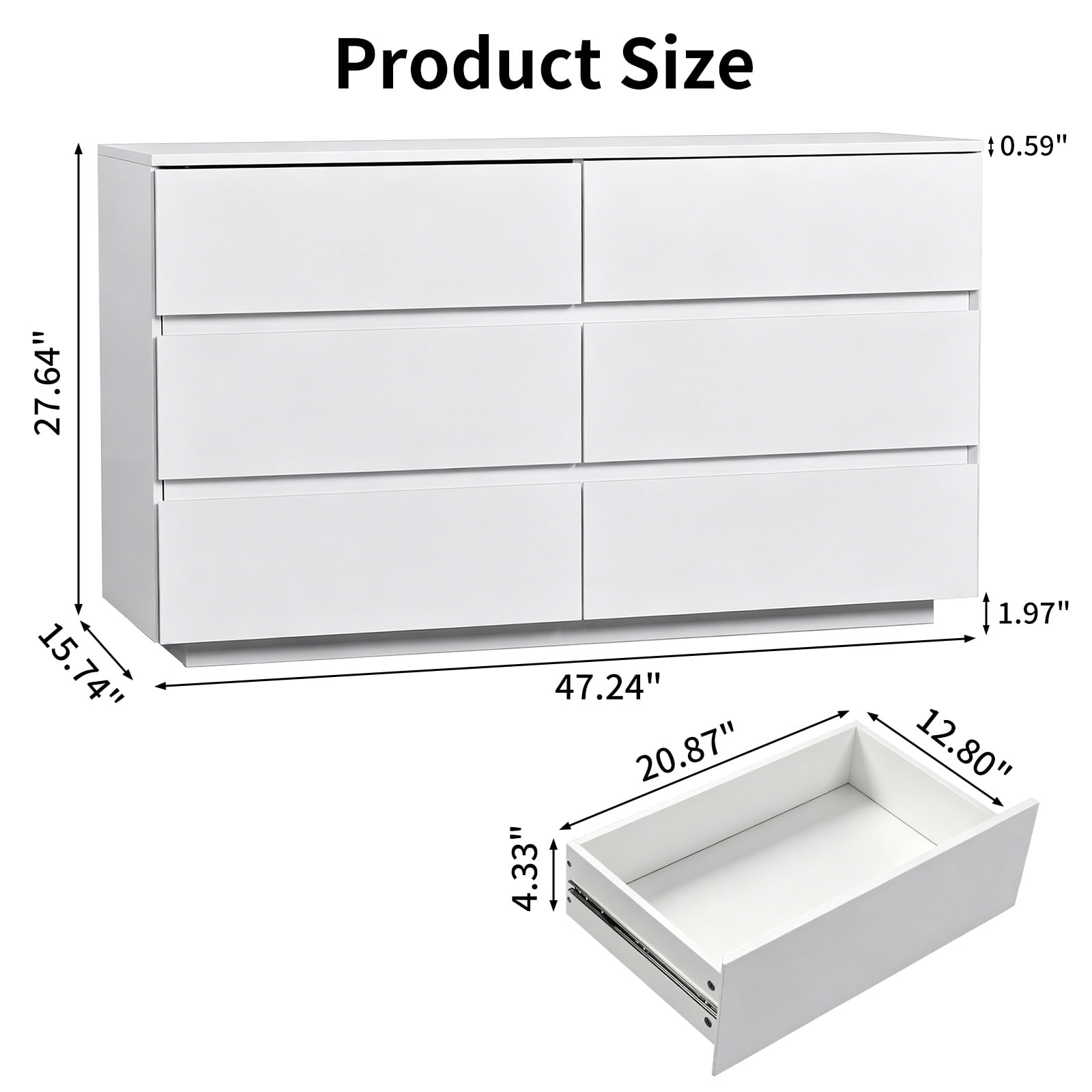 6-Drawer Storage Cabinet Chest of Drawers with USB-Powered RGB LED Strip 47.24*15.75*27.56in High-Gloss White