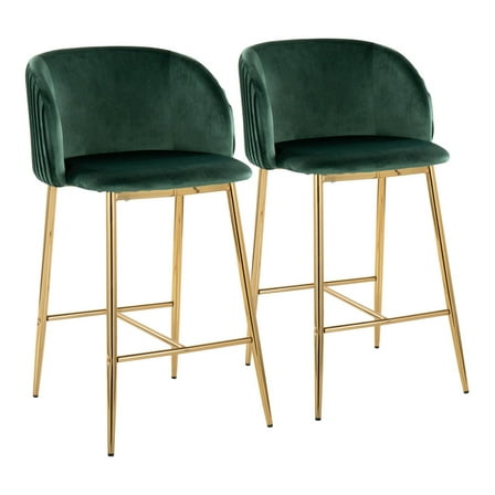 Fran Pleated Contemporary Glam Fixed-Height Counter Stool In Gold Metal And Green Velvet - Set Of 2