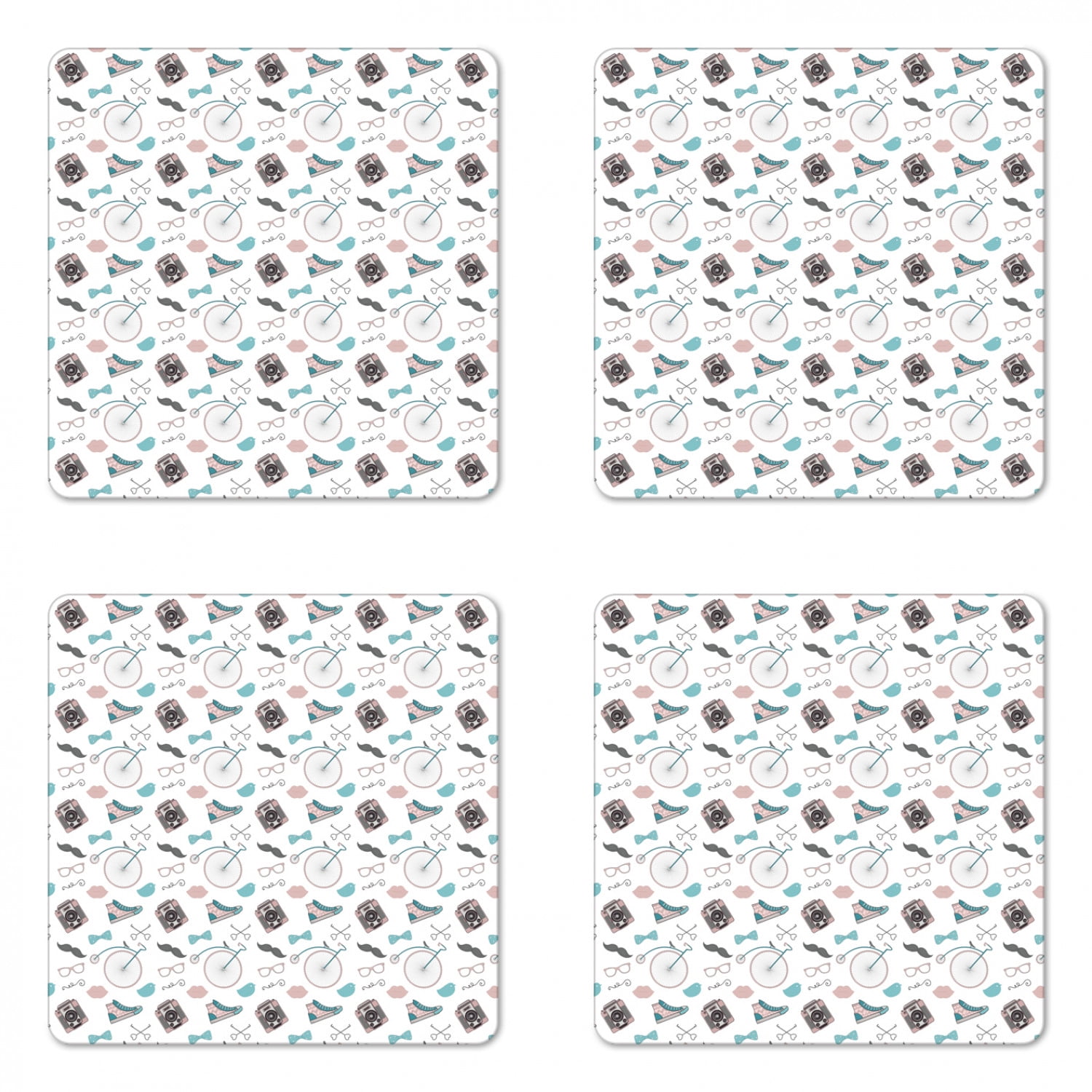 Hipster Coaster Set of 4, Hipster Camera with Bow Tie Moustache Lips