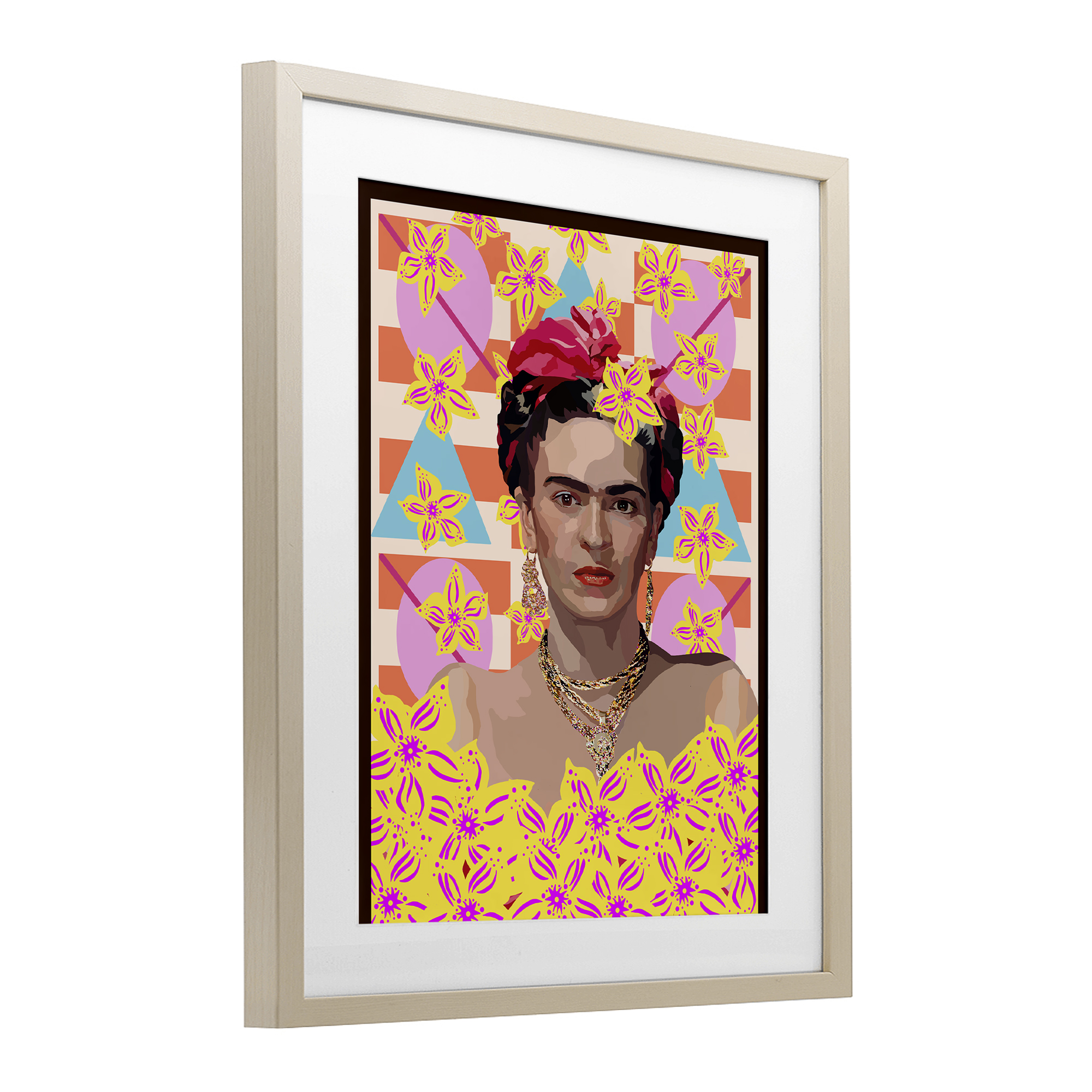Frida's Floral Journey Birch Framed Print Under Glass, design by Lynnda Rakos