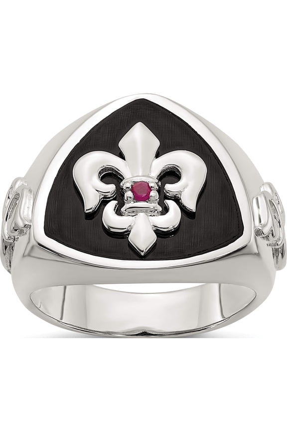 Sterling Silver .03Ruby/Black Agate Fleur De Lis Ring (Size 9) Made In Thailand qr7408-9