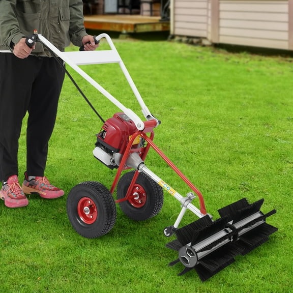 Commercial Lawn Sweeper, 4-Stroke Gas Engine, 23.62in Sweeping Path, Adjustable Handles & Tires, for Large Area Cleaning