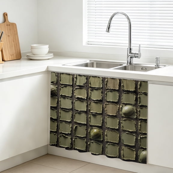 Impasto Grid Cabinet Curtains for Kitchen 10"W x 11"L, Modern Abstract Olive Green Square Paint Swatches Under Sink Skirt Magic Tape Short Curtain Decorative Privacy Panel for Bathroom Laundry