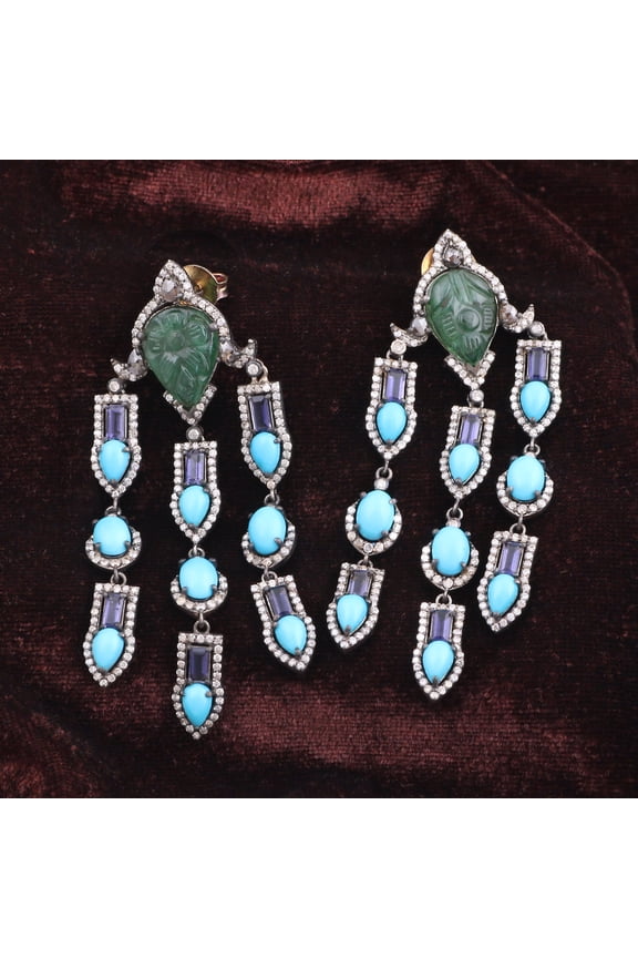 Natural Emerald Turquoise,Iolite,Diamond Gemstone 925 Sterling Silver Earrings