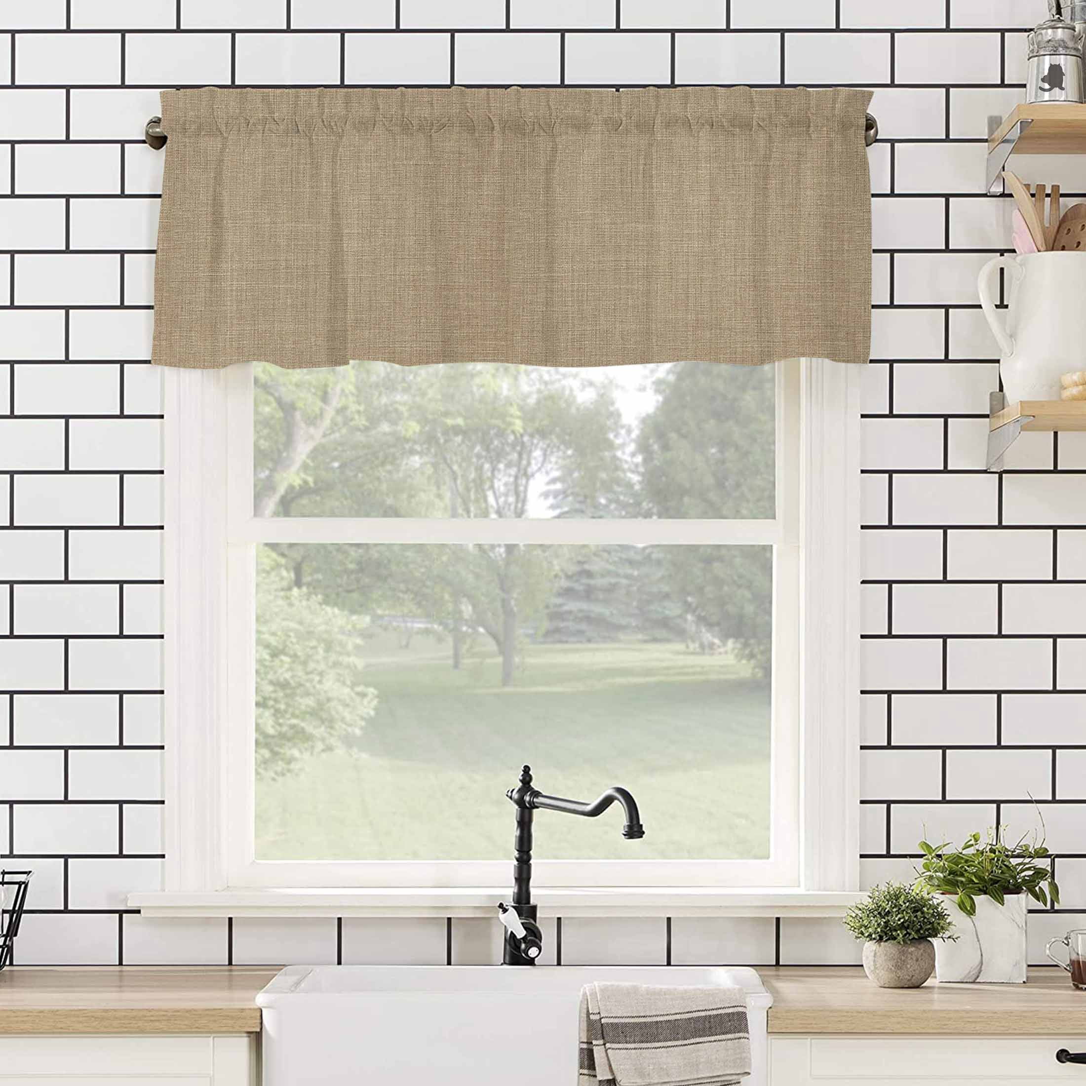 Vintage Linen Valances for Windows Pastoral Brown Linen Texture Farmhouse Rod Pocket Curtain Valance Window Treatment Short Curtains for Kitchen Living Room, 42"x18"