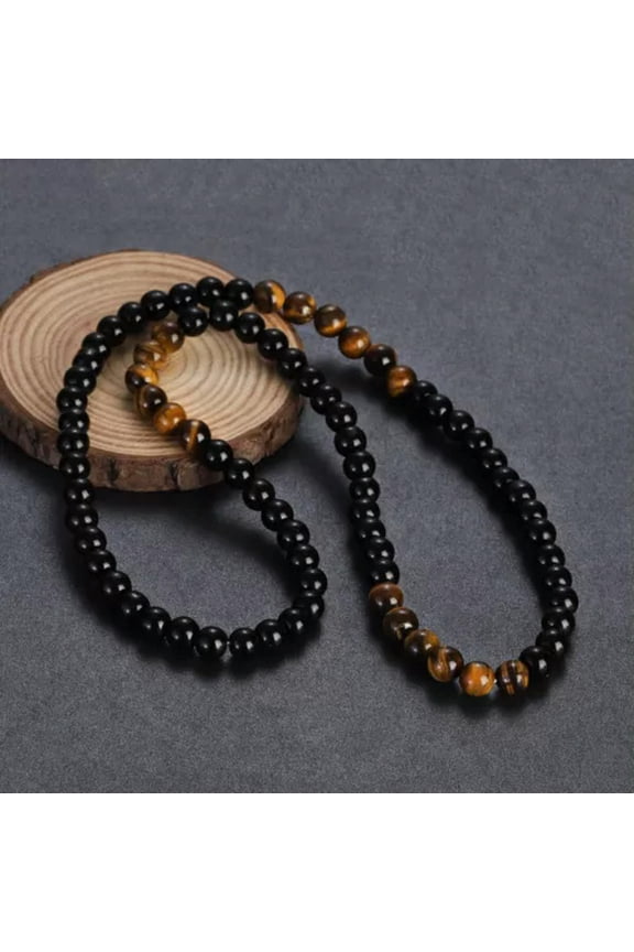 Mens Beads Necklace Black Obsidian Tiger Eye Stone Necklace 24''