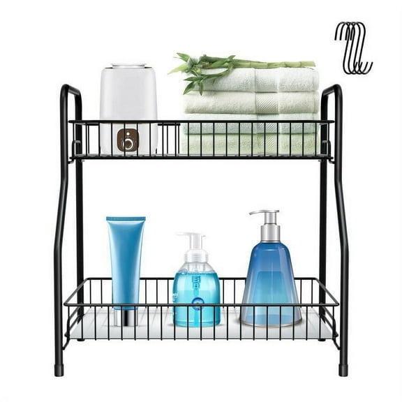 Spice Rack Organizer for Countertop 2 Tier Bathroom Counter Shelf Standing Holder Storage with 4 Hooks for Kitchen Cabinet-Black