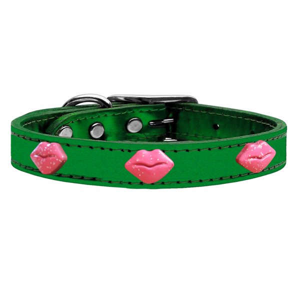 Pink Glitter Lips Widget Genuine Metallic Leather Dog Collar Emerald Green
