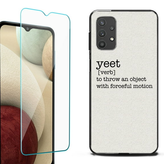 Slim-Fit Flexible TPU Gel Phone Case (black) for Samsung Galaxy A32 5G, with Tempered Glass Screen Protector, by OneToughShield ® - Dictionary/Yeet